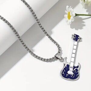 Royal Blue Flaming Guitar with White Neck Rocker Necklace and Pendant 1559